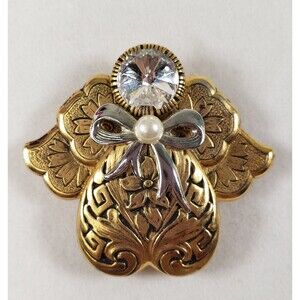 Vintage Jane 1995 AOL Signed Gold Tone Filigree Angel Sparkly Rhinestone Brooch